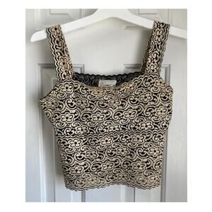 Vintage Gantos Beige/Black Floral Lace Wide Strap Square Neck Sleeveless Tank